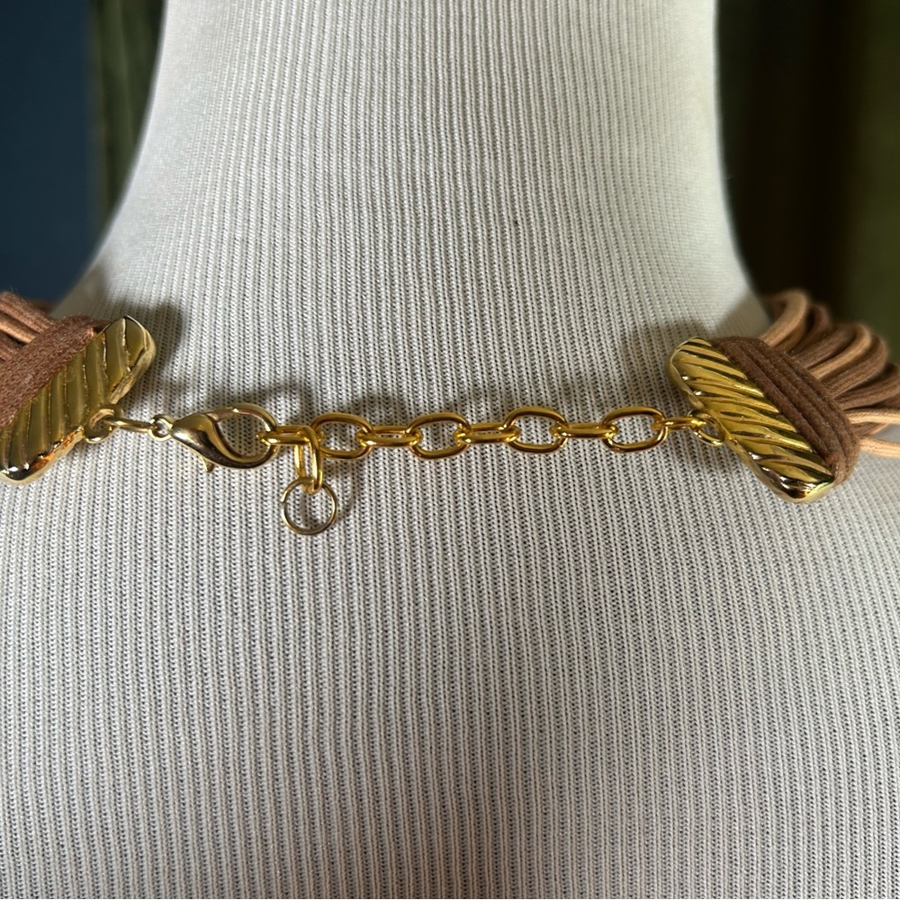 Multi-Strand Tan Knot Statement Necklace with Gold Accents - Picture 4 of 4